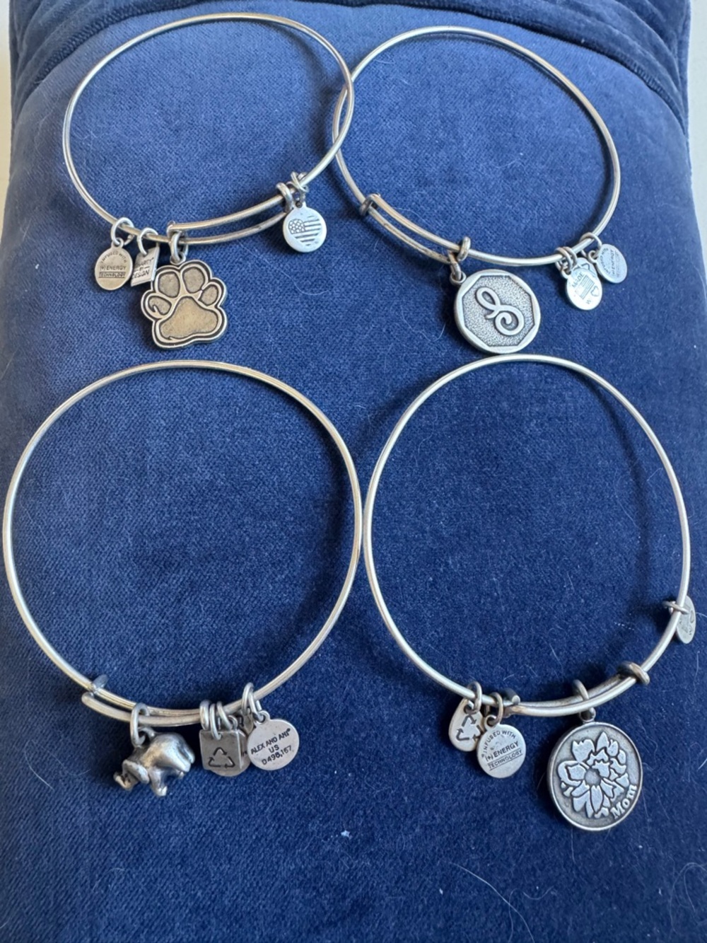 4- Alex and Ani Silver Paw & Floral Charm Bangle with White Bow Accent